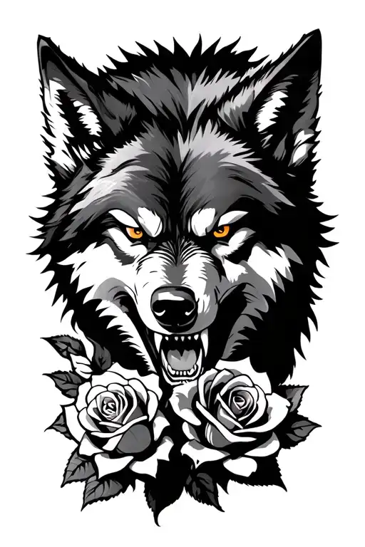 Angry Wolf Snarling Sideways With Roses