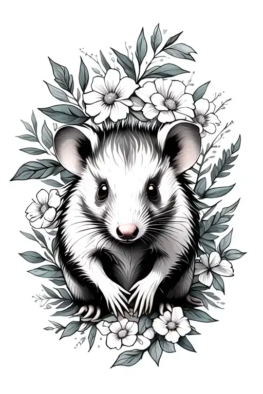 Opossum With Flowers And Greenery