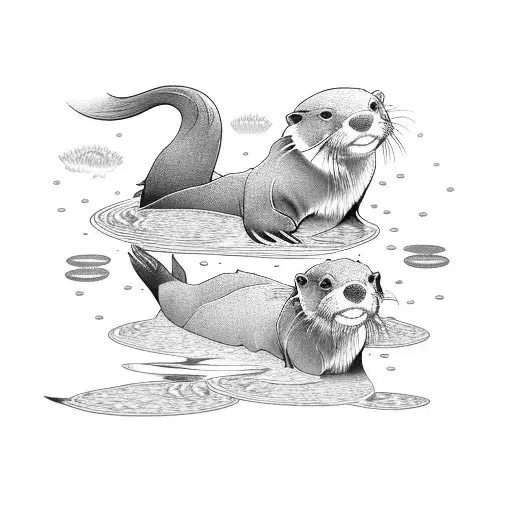 A Group Of Playful Otters Swimming Under The Moonlight Among Water Lilies