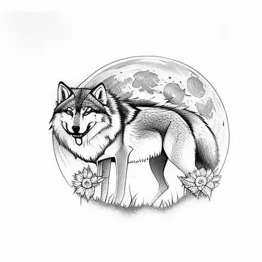 A Mystical Wolf Howling At The Moon Surrounded By A Field Of Flowers