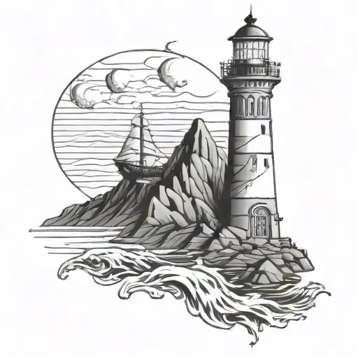 Lighthouse Of Alexandria With Greek Longship And Mountain Range