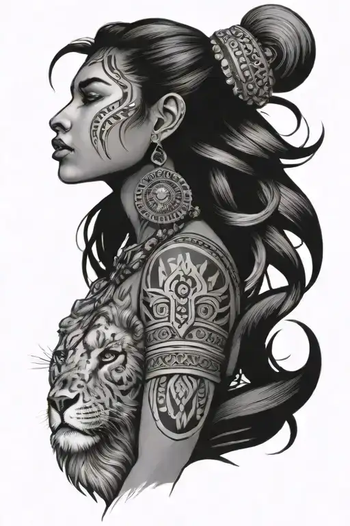 Tribal Girl Wearing Lion Head Profile Holding