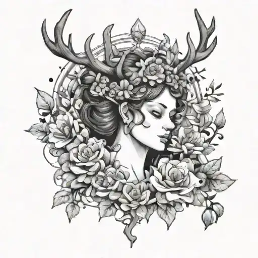 Persephone With Stag Crown Surrounded By Dead Flowers