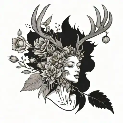 Persephone With Stag Crown Surrounded By Dead Flowers