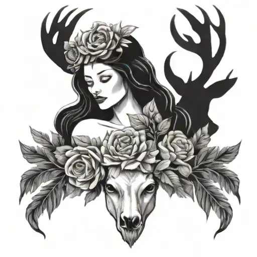 Persephone With Stag Crown Surrounded By Dead Flowers