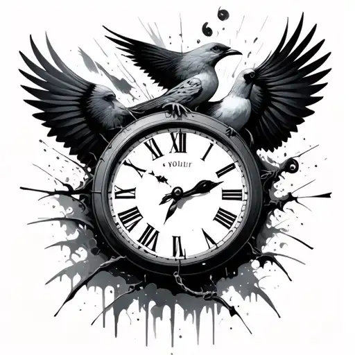 Clock Face Breaking Up And Turning Into Back Birds