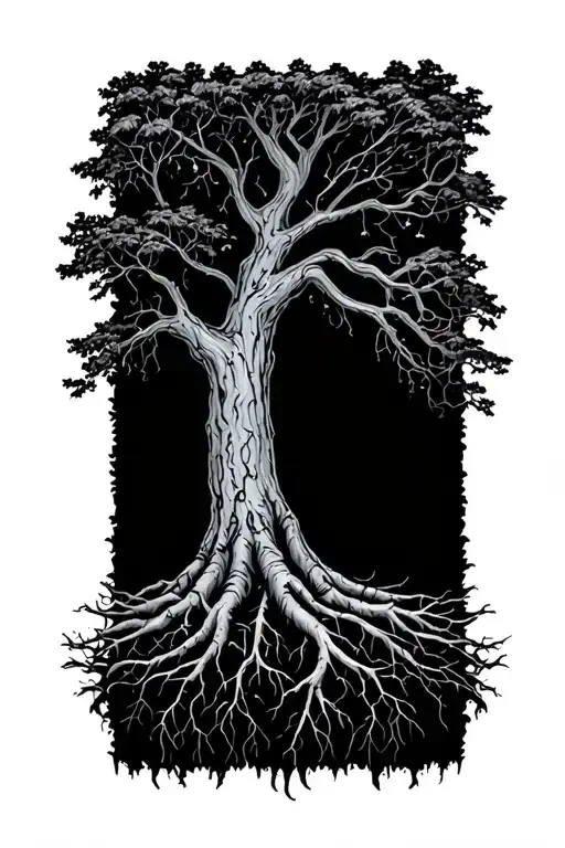 Tall Tree With Roots Reaching Deep
