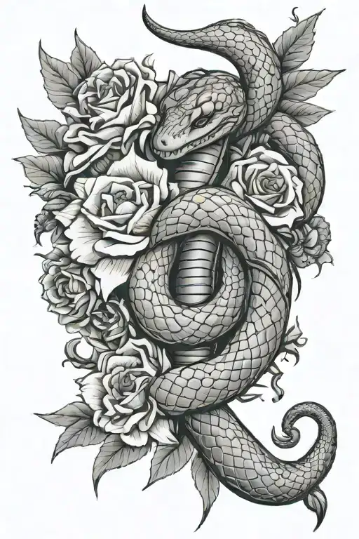 Snake Wrapped Around A Dagger With Flowers Blooming