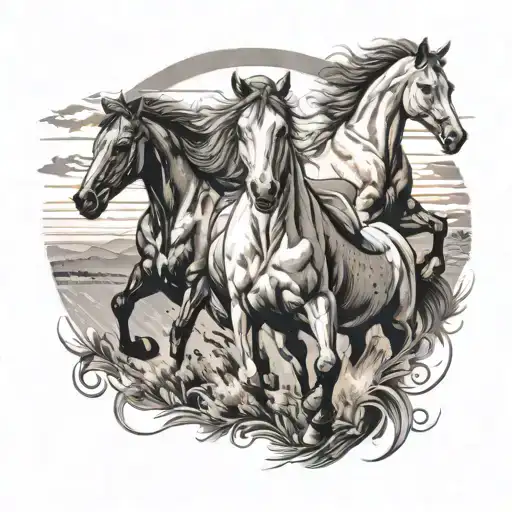 A Sunset Over A Field Of Galloping Horses