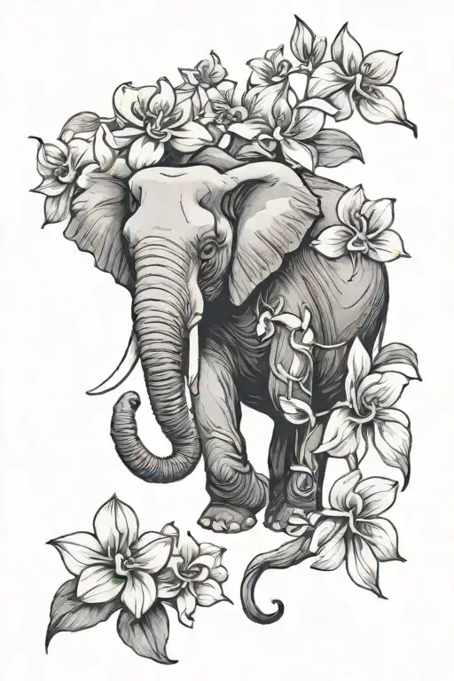 Elephant And Orchids Intertwined