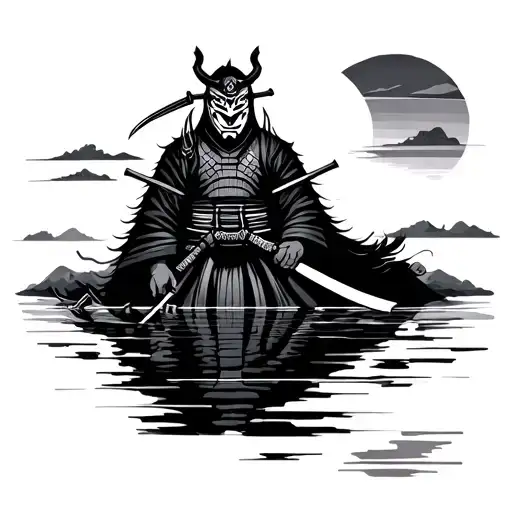 Samurai With A Oni Mask Admiring A Sunset