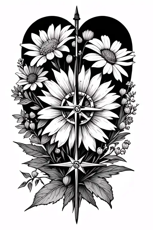 Compass And Wildflower Bouquet Fine Line