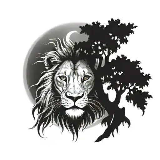 Lions Head With The Tree Of Life And The Sun Setting