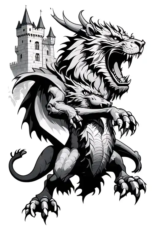 Wyvern And Sabre-toothed Lion Fighting Over A Castle