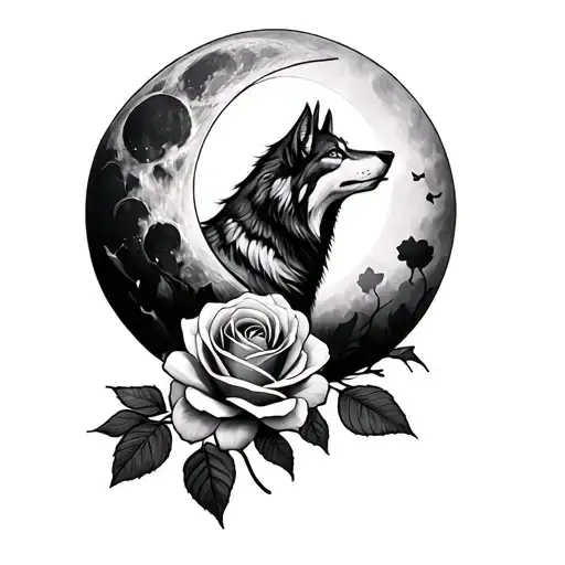 Wolf Moon And Rose Intertwined