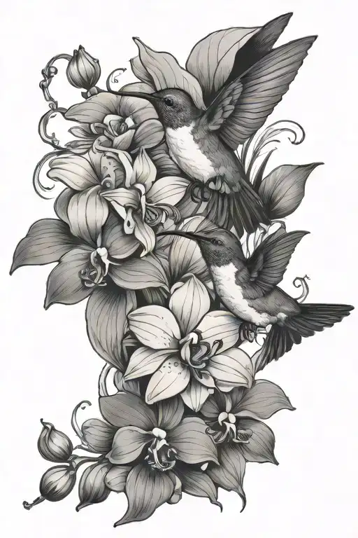 Hummingbird And Orchid Flowers