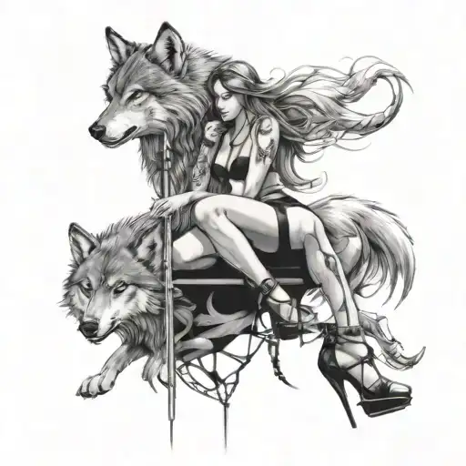 Wolf With Girl Warrior In Bikini High Heels