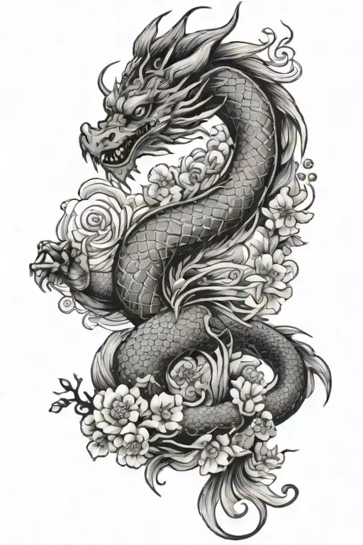 Japanes Dragon With Flowers And Koi Fish