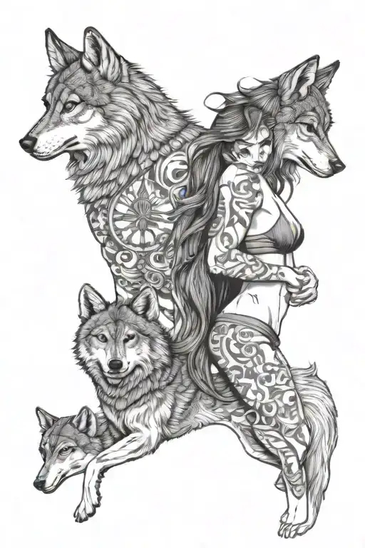 Wolf With Two Girls Worrier In Bikini Standing