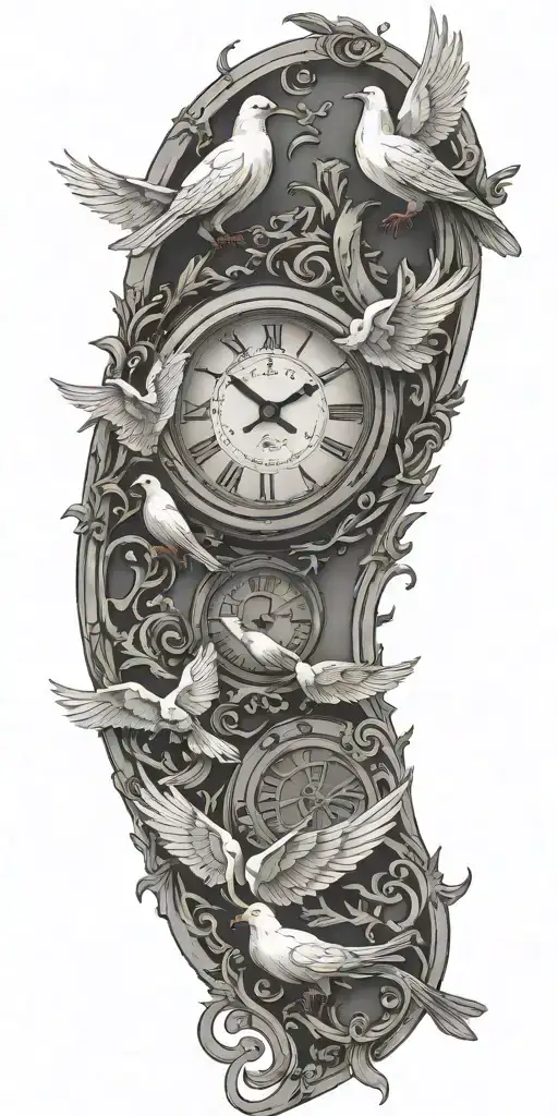 Clock Surrounded By Doves Flying