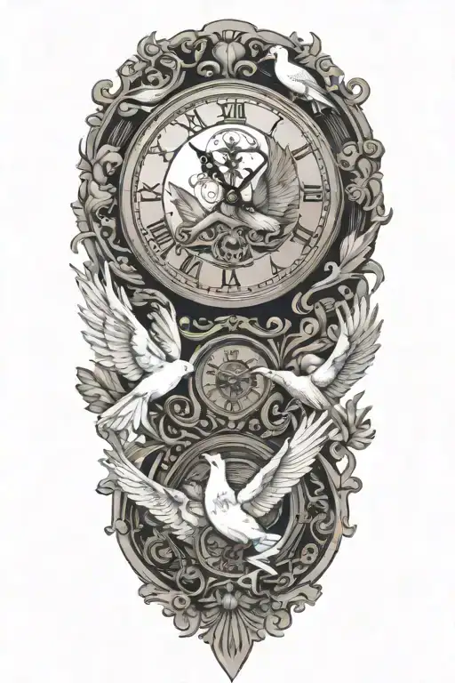 Clock Surrounded By Doves Flying