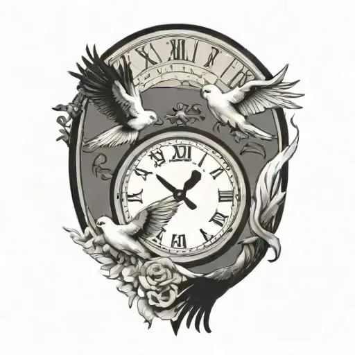 Clock Surrounded By Doves Flying