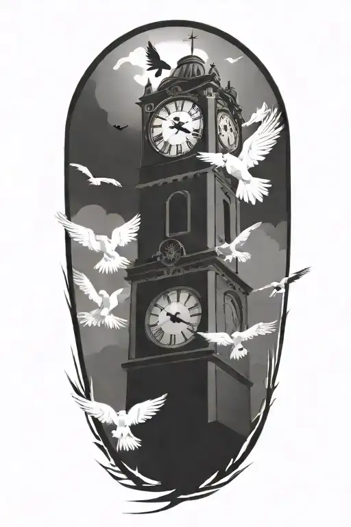 Clock Tower Surrounded By Doves Flying