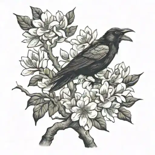 Magnolia Tree With A Raven Flying