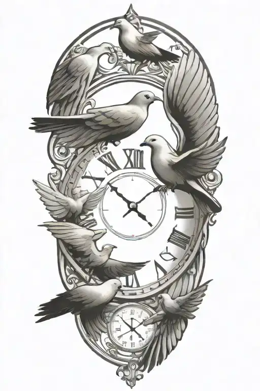 Clock Face Surrounded By Doves Flying