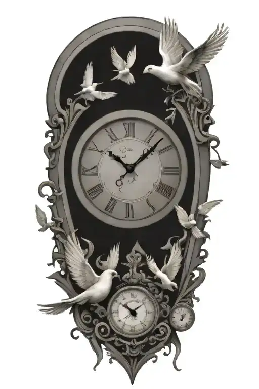 Clock Surrounded By Doves Flying