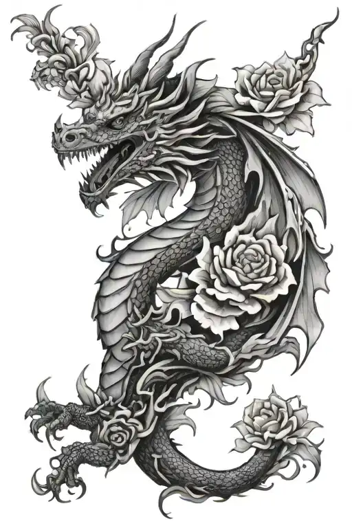 Dragon With Flowers Intertwined