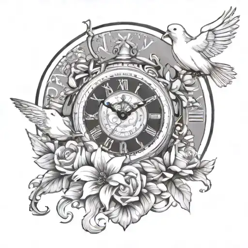 Clock With Flowers Growing And Doves Flying
