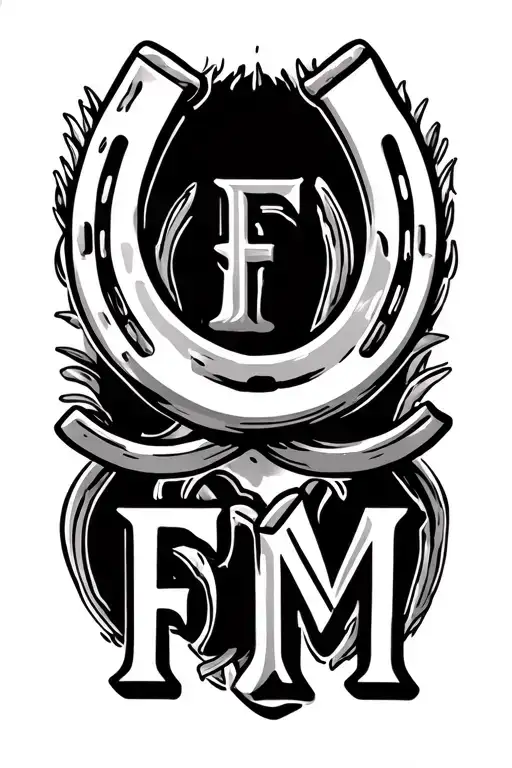 2 Horseshoes Over Top Of Eachother With The Letters F And M Underneath Them