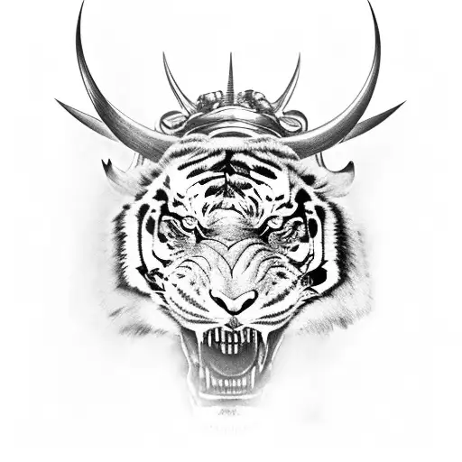 Skull With Horn And Sharp On Top Of Tiger Head Open Mouth