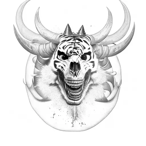 Skull With Horns And Sharp Teeth Eating Tiger Head Open Mouth