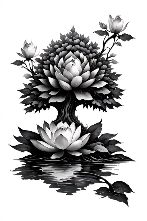 Tree Of Life Tree Growing Out Of A Full Bloom Lotus Flower