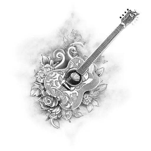 A Black And Grey Tattoo Of A Guitar With Intricate Floral Patterns