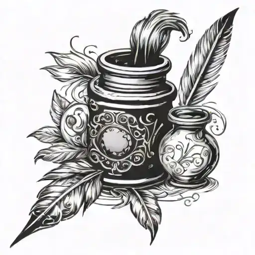 Ink Pot With Feather Pen Writing