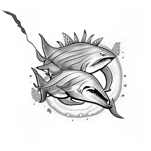 Ocotopus Shark Stingray Jellyfish Waves In Between Sun Koi Fish