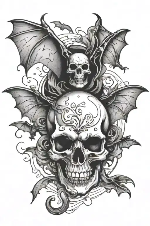 Skull And Bats Flying