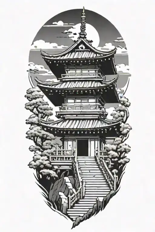 Japanese Pagoda Temple Stairs Cherry