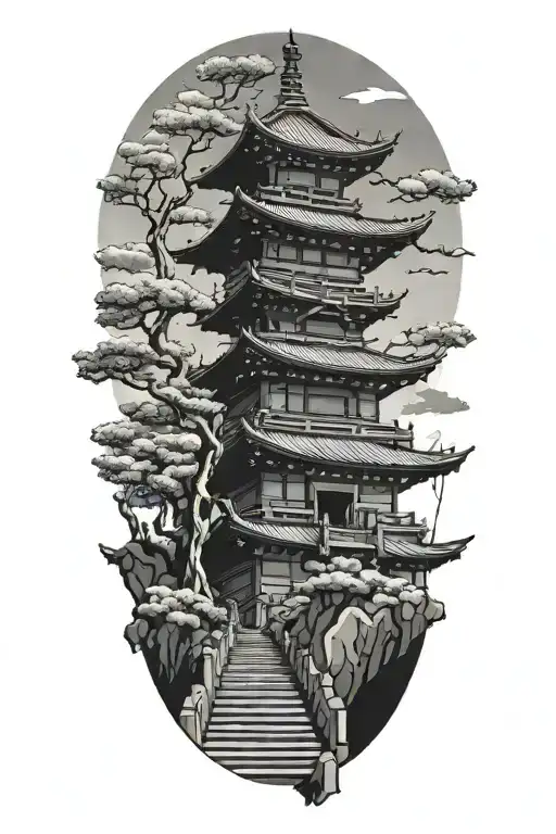 Japanese Pagoda Temple Stairs Cherry Samurai