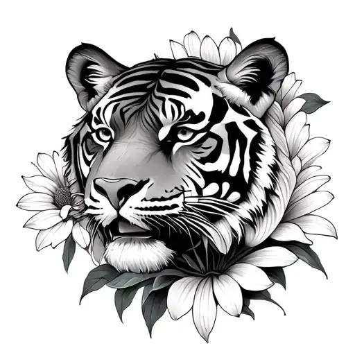 Tiger Head Surrounded By Marigold Peace Lilly Flower