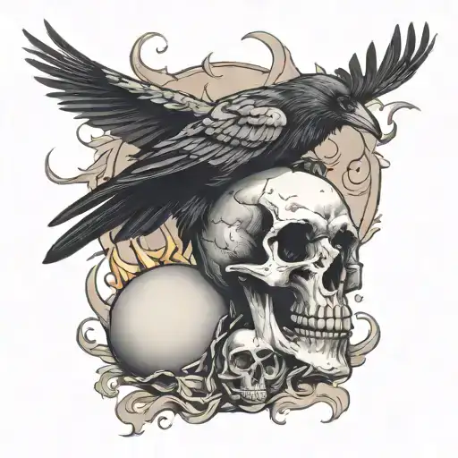 Black Raven Sitting On Skull Engulfed In Flames