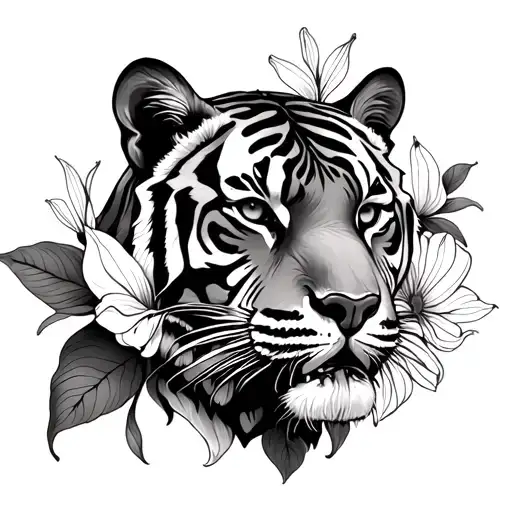 Tiger Head Surrounded By Marigold Peace Lilly Line Work