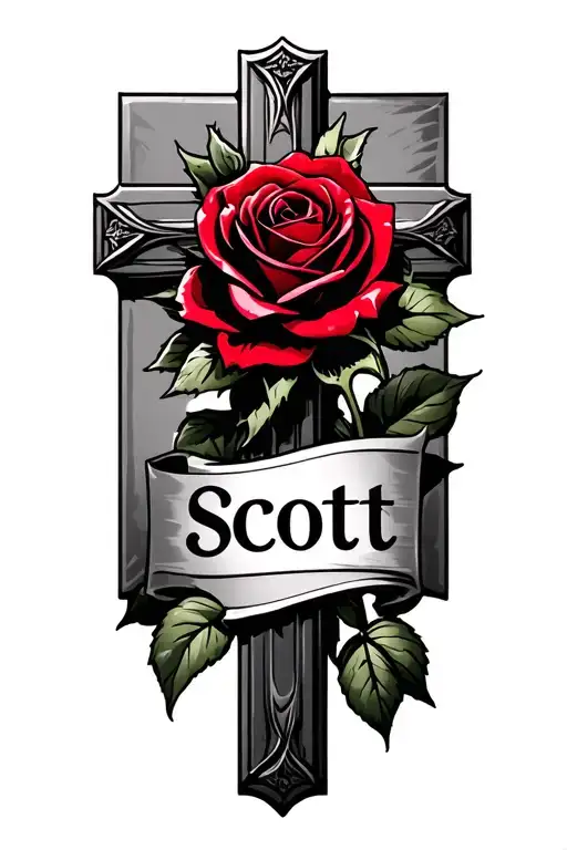 Red Rose On Top Of A Cross With The Name Scott In The Middle
