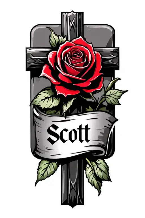 Red Rose On Top Of A Cross With The Name Scott In The Middle