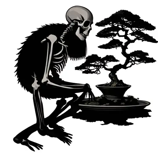 Skeleton Looking At A Bonsai Tree Growing