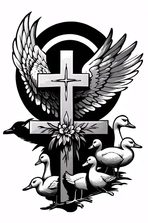 Cross With A Wing And 6 Ducks
