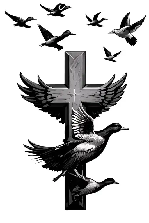 Cross With A Wing And 6 Ducks Flying